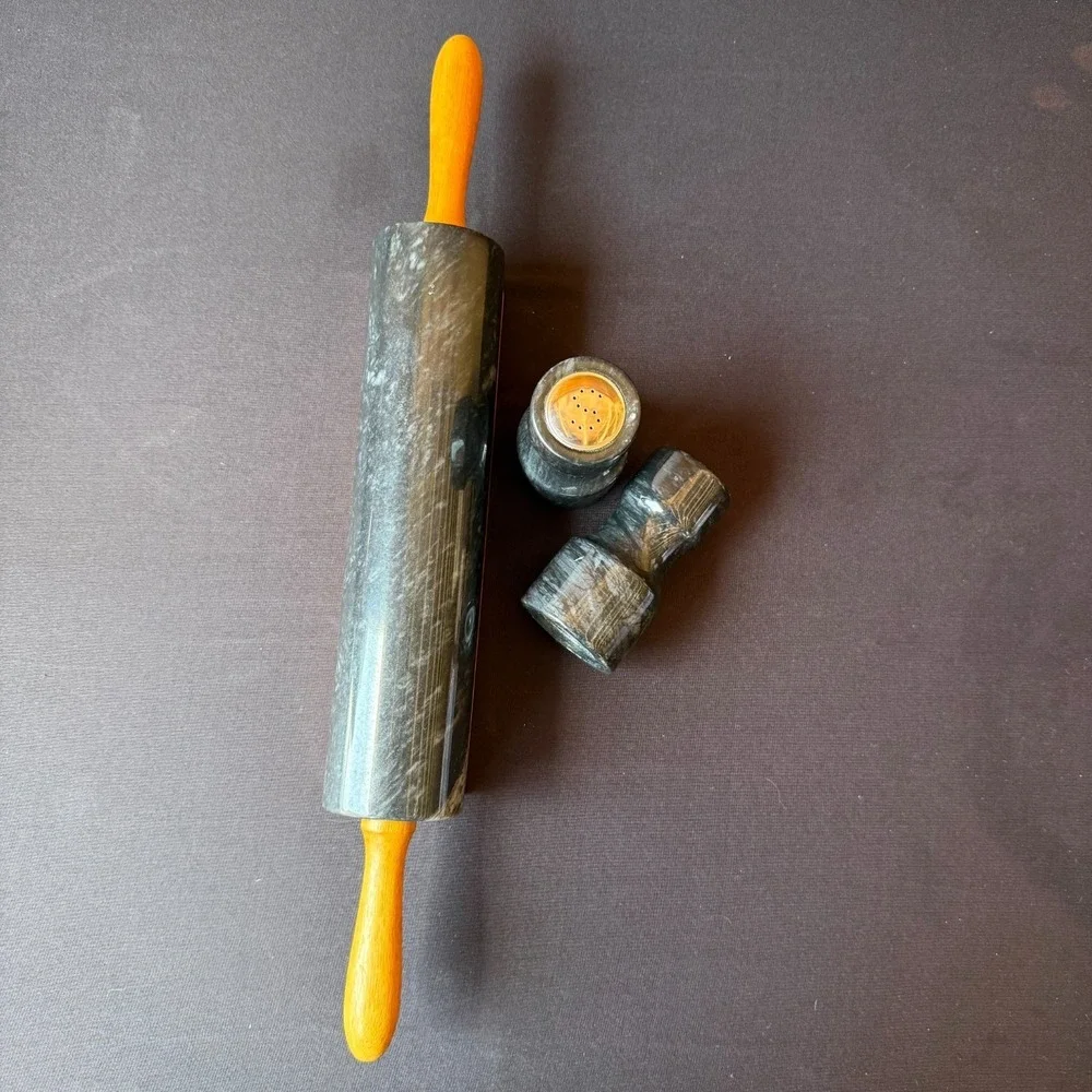 Wood Dough Rolling Pin w Granite Salt Pepper‎ Shakers Rustic Kitchen Decor
